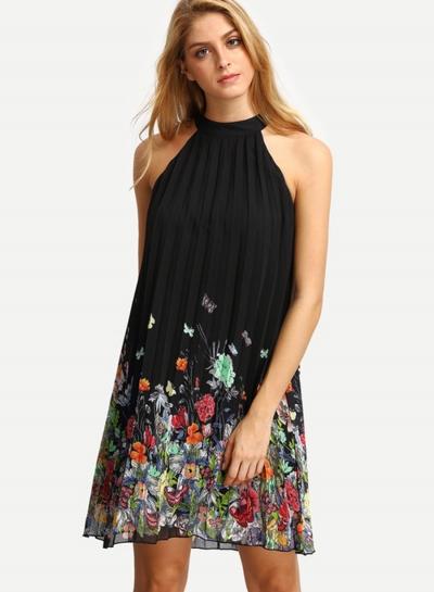 Oasap Halter Sleeveless Floral Printed Chiffon Dresses