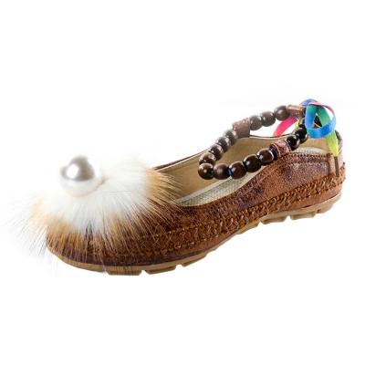 Oasap Ethnic Style Round Toe Pearl Decoration Ankle Strap Flat Shoes
