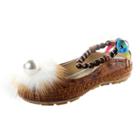 Oasap Ethnic Style Round Toe Pearl Decoration Ankle Strap Flat Shoes