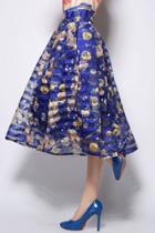 Oasap Royal Blue Floral Striped Organza Midi Skirt For Woman