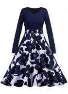 Oasap V Neck Floral Print Long Sleeve High Waist A-line Dress
