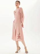 Oasap Fashion Long Sleeve Floral Embroidery Slit Dress