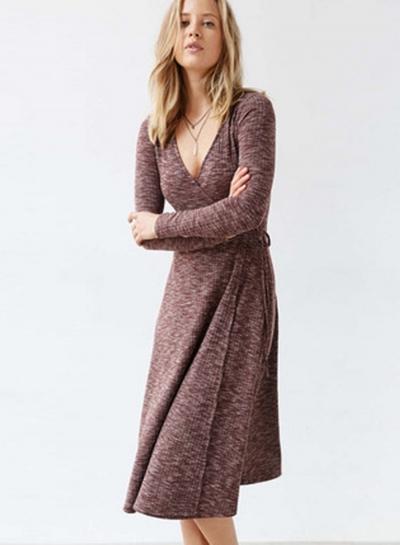 Oasap Women's Heathered Plunge Neck High Waist Long Sleeve Dress