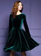 Oasap Round Neck Long Sleeve Solid Color A-line Pleuche Dress