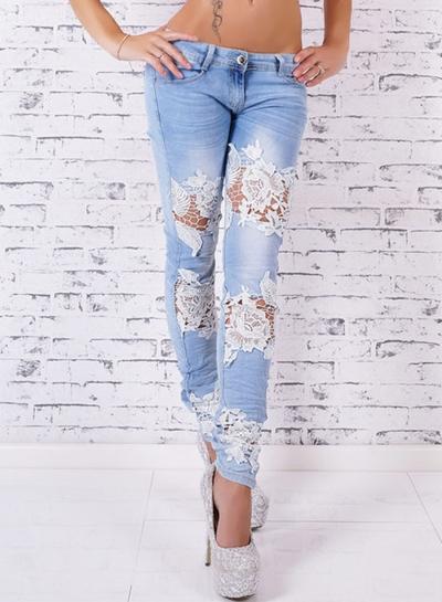 Oasap Floral Lace Hollow Out Denim Pencil Pants