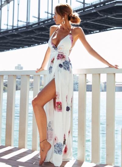 Oasap Deep V Neck Backless High Slit Floral Beach Maxi Dress
