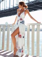 Oasap Deep V Neck Backless High Slit Floral Beach Maxi Dress