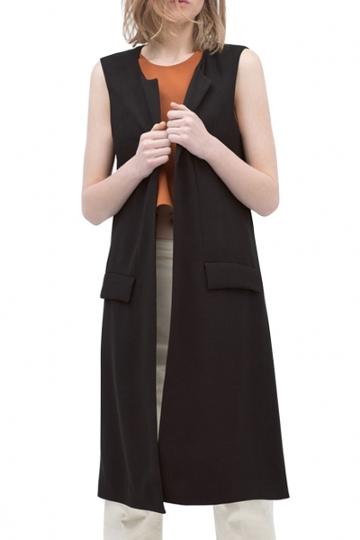 Oasap Casual Solid Black Long Vest