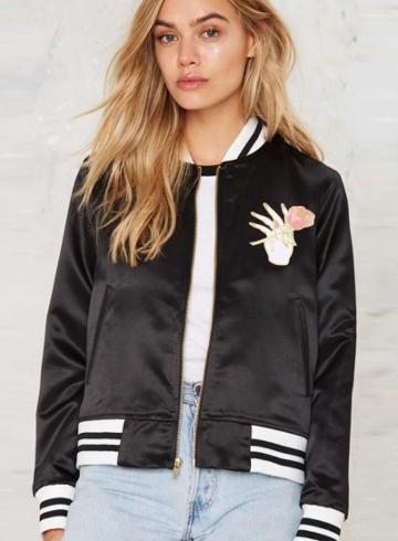 Oasap Women's Big Bud Press Stem To Stem Satin Bomber Jacket