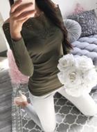 Oasap Long Sleeve Solid Color Lace Splicing Tee Shirt