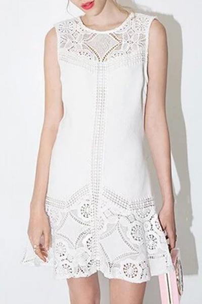 Oasap Sweet Hollow Out Lace Print Sleeveless Mini Dress