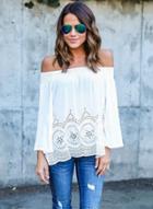 Oasap Off Shoulder Long Sleeve Loose Hollow Out Blouse