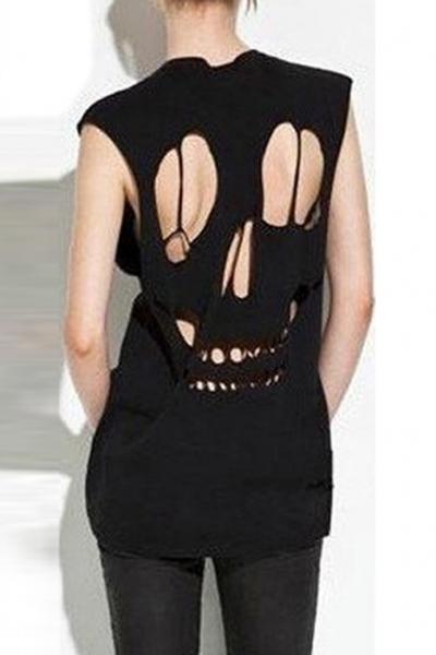 Oasap Fashion Hollow Out Skull Shape Back Sleeveless Tee