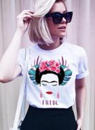 Oasap Summer Japanese Women Face Printed Short Sleeve Round Neck Women Tee Shirt