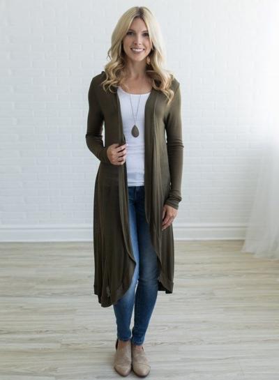 Oasap Solid Color Open Front Long Knit Coat