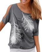 Oasap Women's Casual O Neck Cutout Sleeve Feather Print Blouse