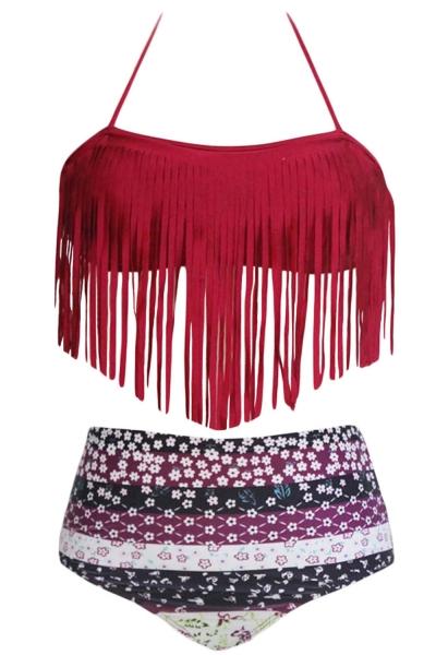 Oasap Women's Red Halter Fringed Floral Printed Bikini Swimsuit