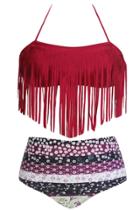 Oasap Women's Red Halter Fringed Floral Printed Bikini Swimsuit