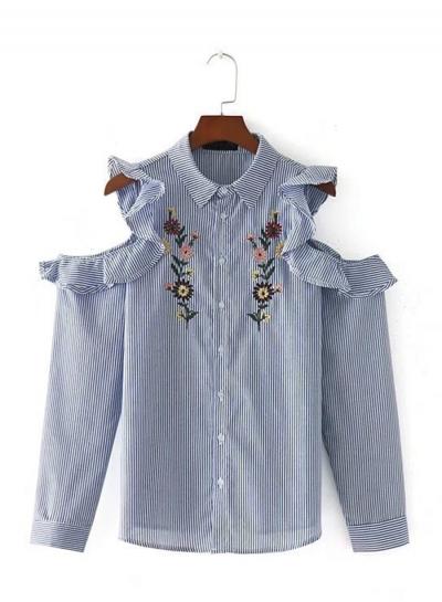 Oasap Long Sleeve Off Shoulder Floral Embroidery Button Down Striped Shirt