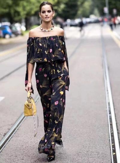 Oasap Black Vintage Floral Printing Loose Jumpsuit