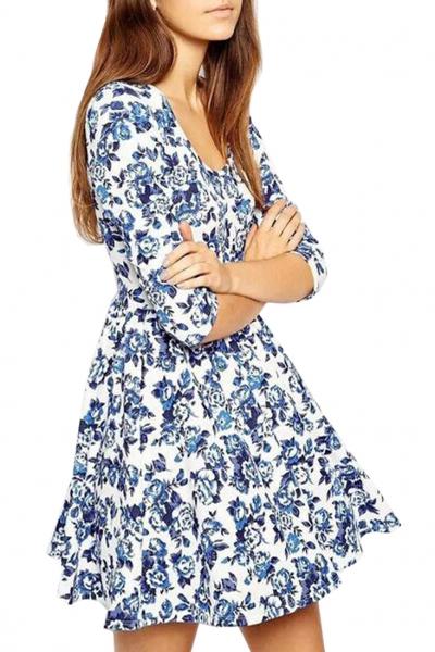 Oasap Retro Blue Floral Pleated Skater Dress