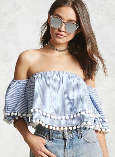 Oasap Slash Neck Off Shoulder Paneled Striped Blouse With Pom Pom