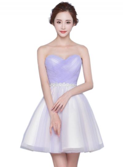 Oasap Ruffled Strapless Bridesmaid Beaded Mesh Cocktail Dress