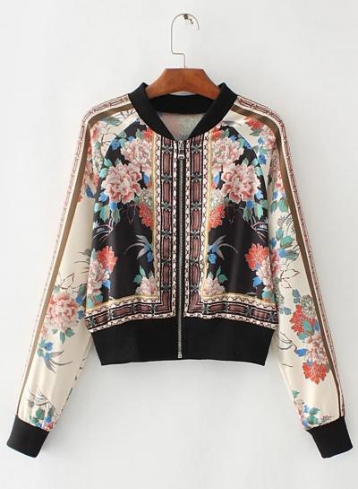 Oasap Long Sleeve Floral Print Zip Up Jacket