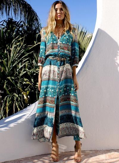 Oasap Bohemian Print Half Sleeve Lace-up Dress