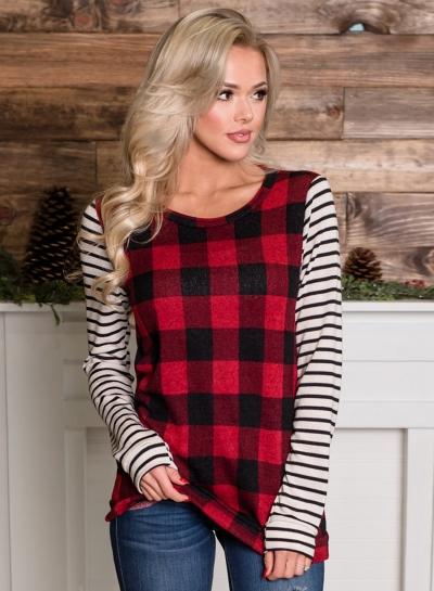 Oasap Casual Stripe Plaid Pullover Tee