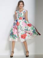 Oasap V Neck Floral Print High Waist A-line Midi Dress