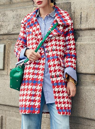 Oasap Turn Down Collar Long Sleeve Plaid Thicken Coat