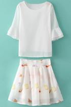 Oasap Sweet Chiffon Blouse Graphic Ice Cream Print Skirts Set