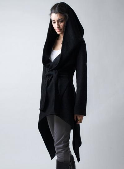 Oasap Solid Color Long Sleeve Irregular Woolen Hooded Coat With Belt