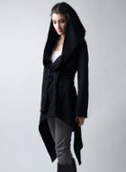Oasap Solid Color Long Sleeve Irregular Woolen Hooded Coat With Belt