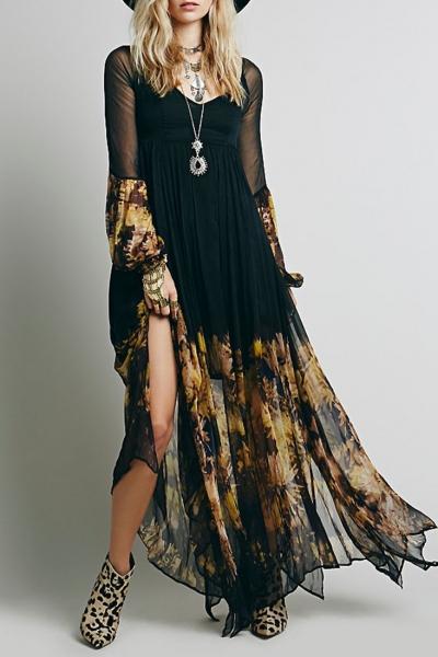 Oasap Chic Floral Printing Maxi Chiffon Dress