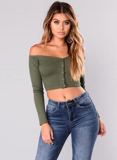 Oasap Slash Neck Long Sleeve Solid Color Crop-top Tee Shirt