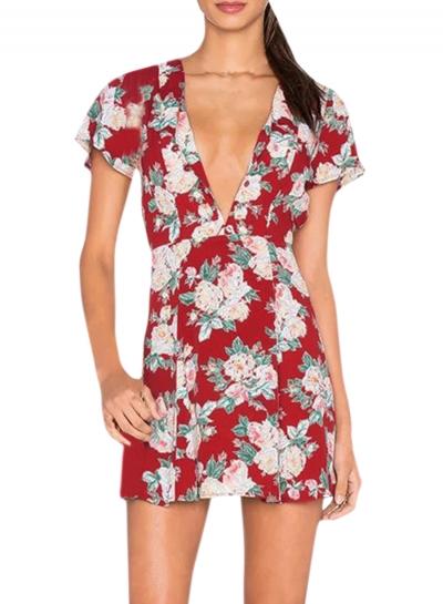 Oasap Women's Chic Floral Graphic V Neck Trapeze Dress