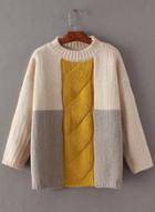 Oasap Mock Neck Color Block Hemp Flowers Pullover Sweater