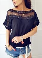 Oasap Solid Short Sleeve Hollow Out Pullover Blouse