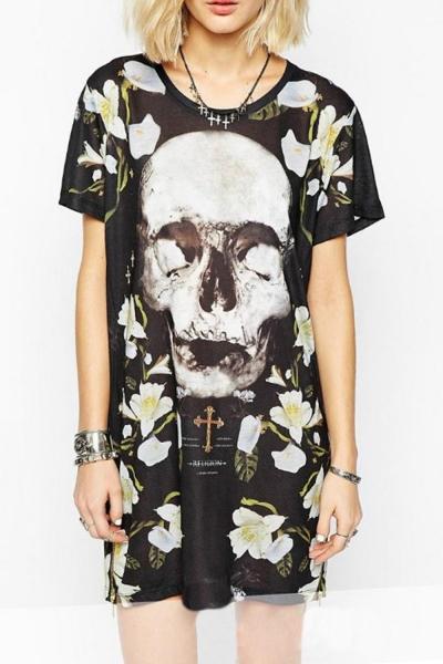 Oasap Chic Skull Print Round Neck Loose Fit Dress