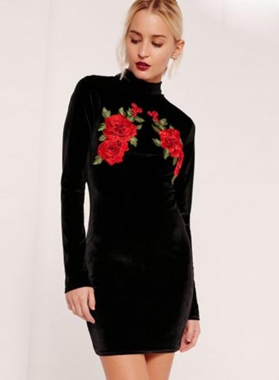 Oasap Women's Floral Embroidery Print Velvet Bodycon Dress