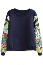 Oasap Essential Graphic Sleeves Navy Sweatshirt