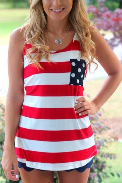 Oasap Contrast-stripe Polka Dot Print Paneled Sleeveless Tee