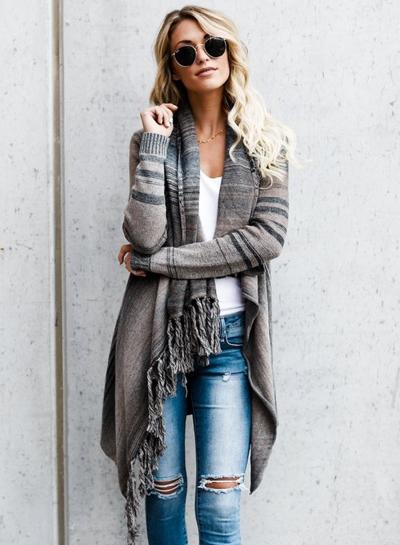 Oasap Long Sleeve Asymmetric Tassels Decoration Cardigan