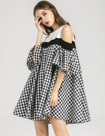 Oasap Round Neck Off Shoulder Loose Plaid Dress