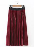 Oasap Velvet Solid Color Elastic Waist Pleated Midi Skirt