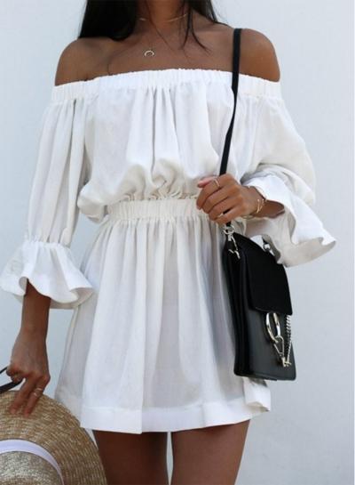 Oasap Slash Neck Flare Sleeve Elastic Waist Dress