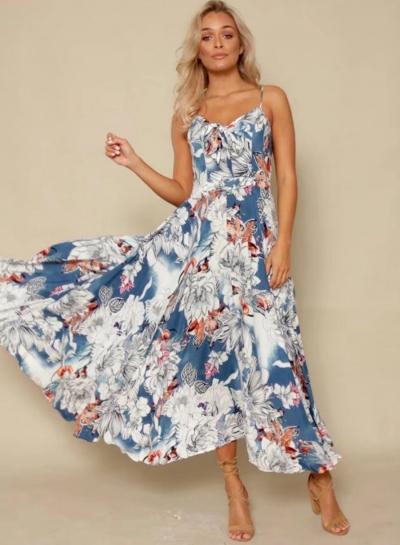 Oasap Spaghetti Strap V Neck Floral Print Maxi Dress