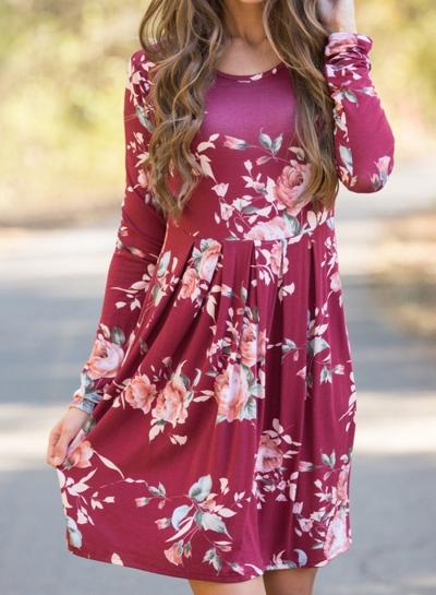 Oasap Round Neck Long Sleeve Floral Print Slim Midi Dress